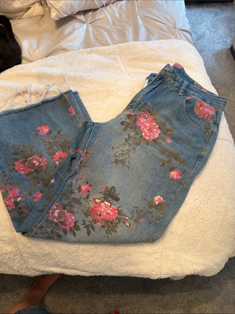 Blue Denim Flare Jeans with Pink Floral Print